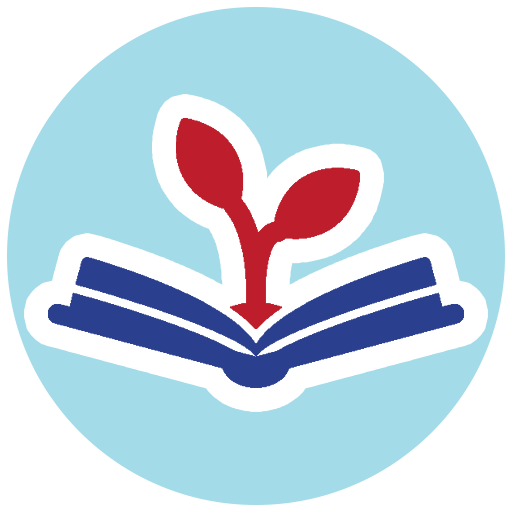 An open book with a sprouting plant emerging from its pages, symbolizing growth through knowledge.