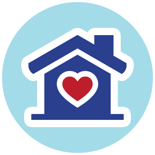 A graphic of a house with a red heart in the center, set against a light blue circular background.