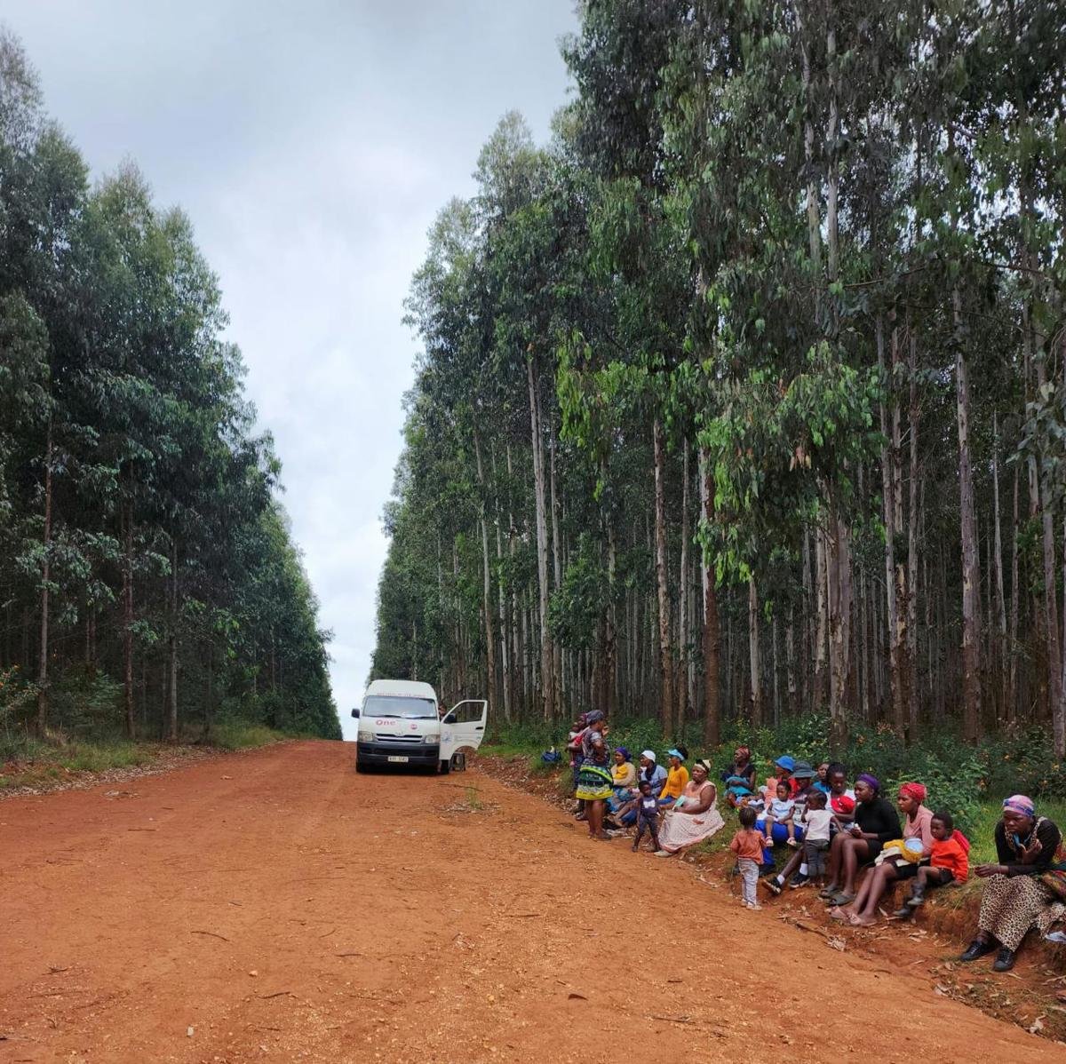 A group of people sitting on the side of a dirt road in a forested area with tall trees on either side. A white van is parked nearby with its door open.