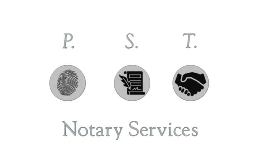 A notary services logo with a fingerprint icon, a document with a pen icon, and a handshake icon, with the text "Notary Services" underneath.