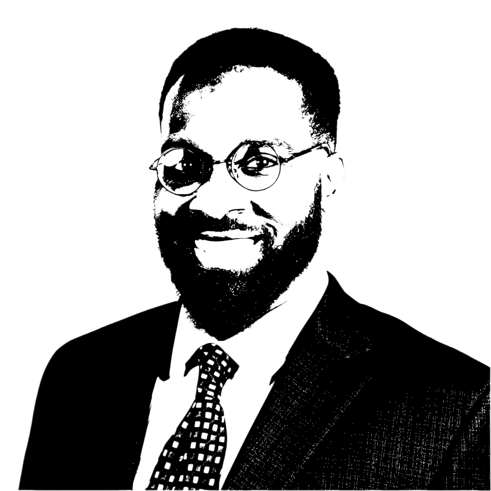Line art image of a man wearing glasses, a suit, and a dotted tie, smiling.