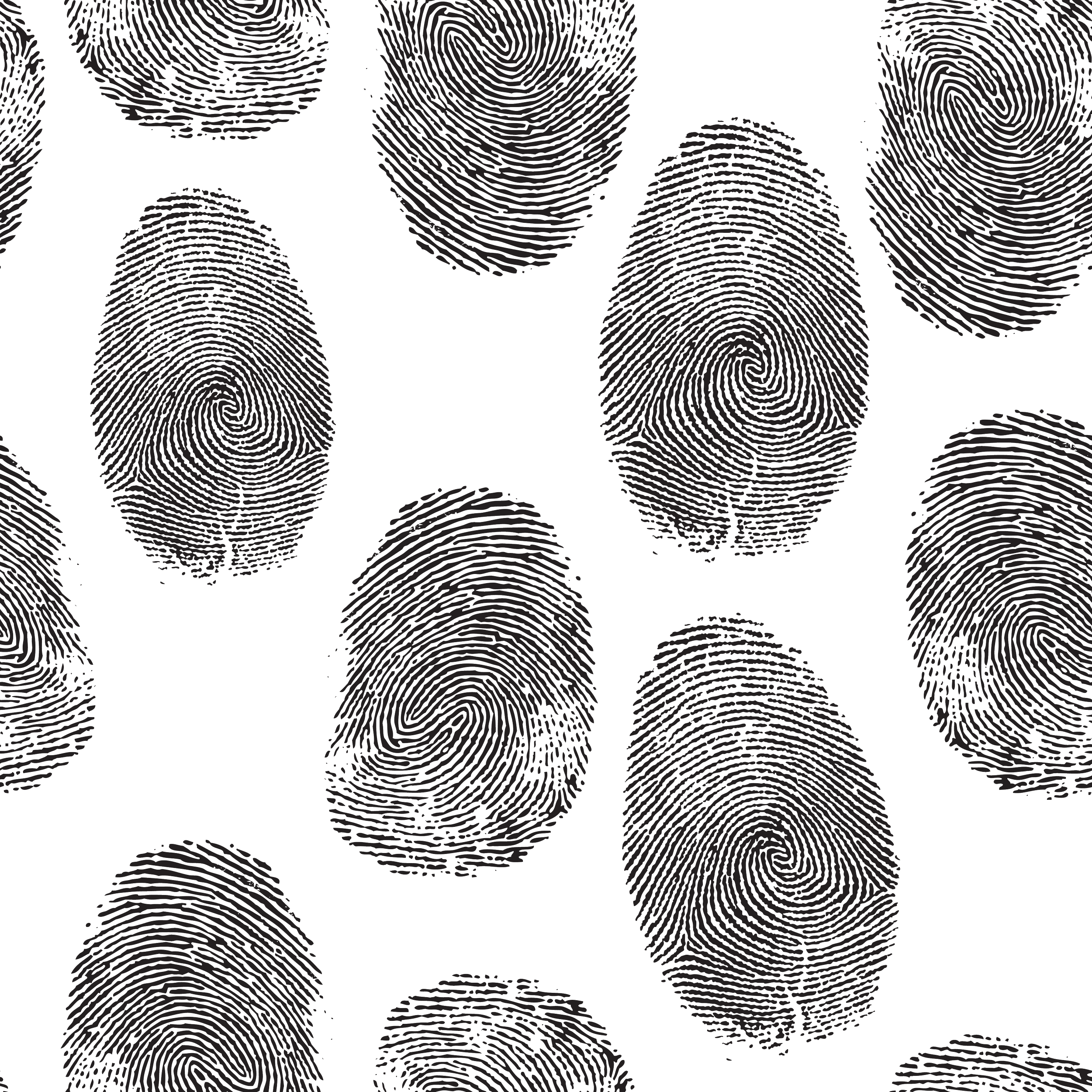 A pattern of white fingerprint outlines on a black background.