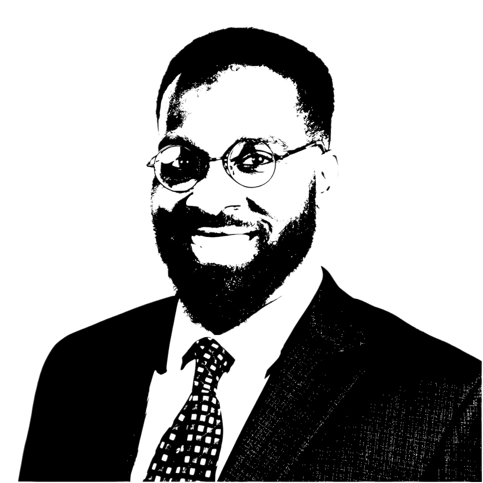 A black-and-white line drawing of a man wearing glasses, a suit, and a patterned tie, smiling.