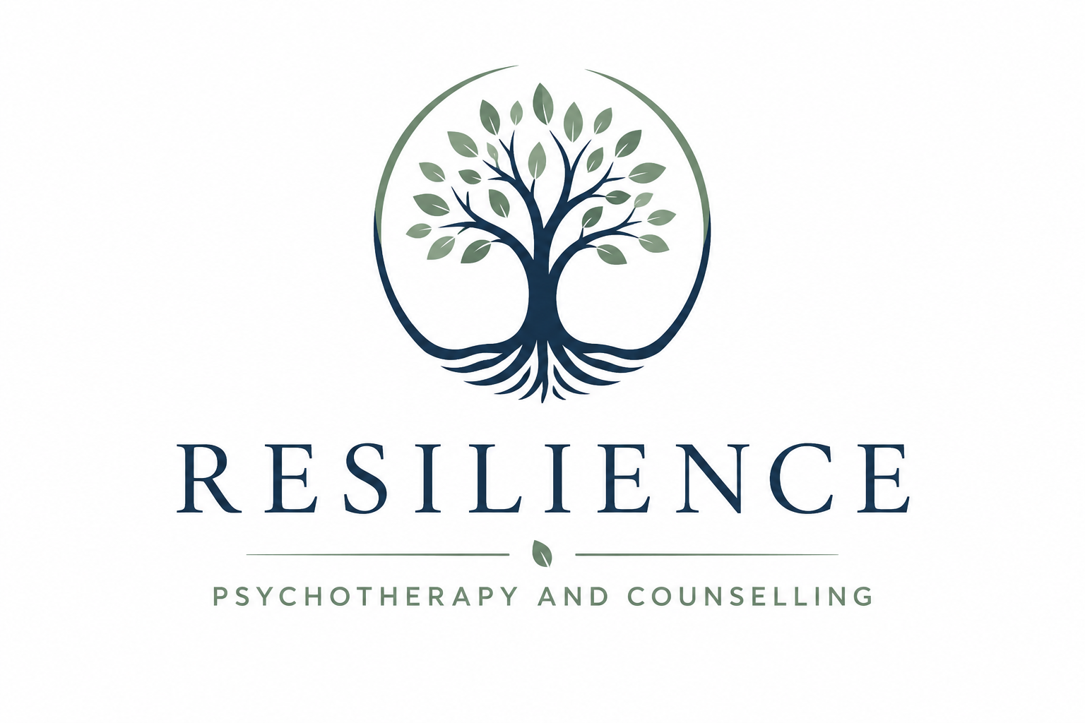 Logo for Resilience Psychotherapy and Counseling featuring a stylized tree with green leaves and roots within a circular outline.