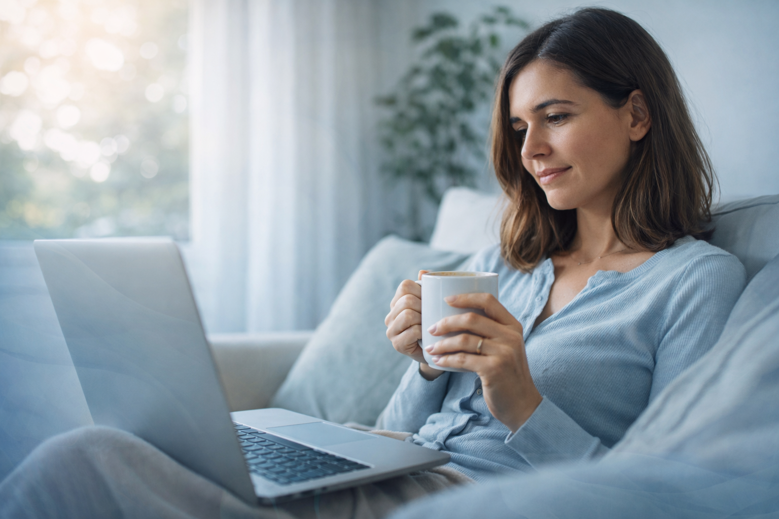 A woman in a light blue shirt sitting on a light-colored sofa, holding a white mug, and looking at a laptop in a bright room with natural light.