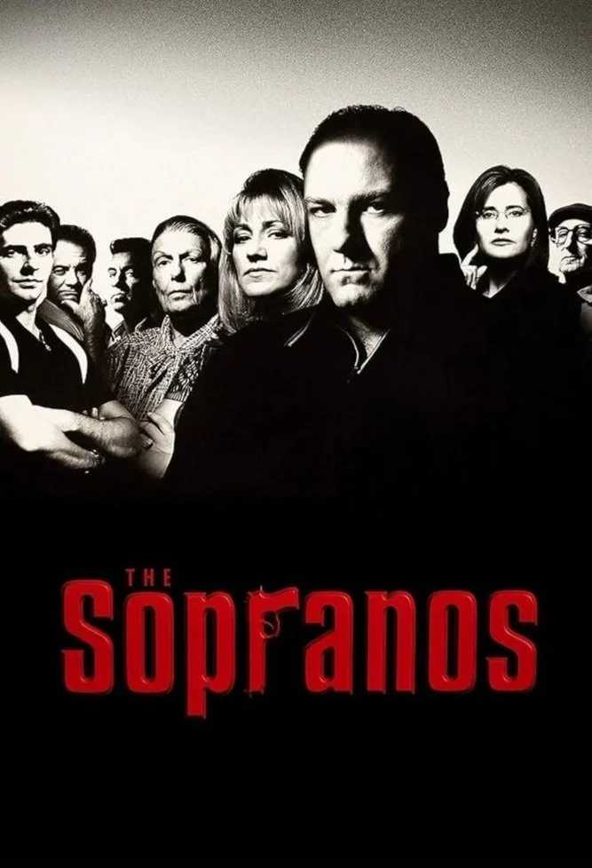 Black-and-white promotional poster for the TV show 'The Sopranos' featuring a group of people, with the main character in the foreground, and the show title in red at the bottom.