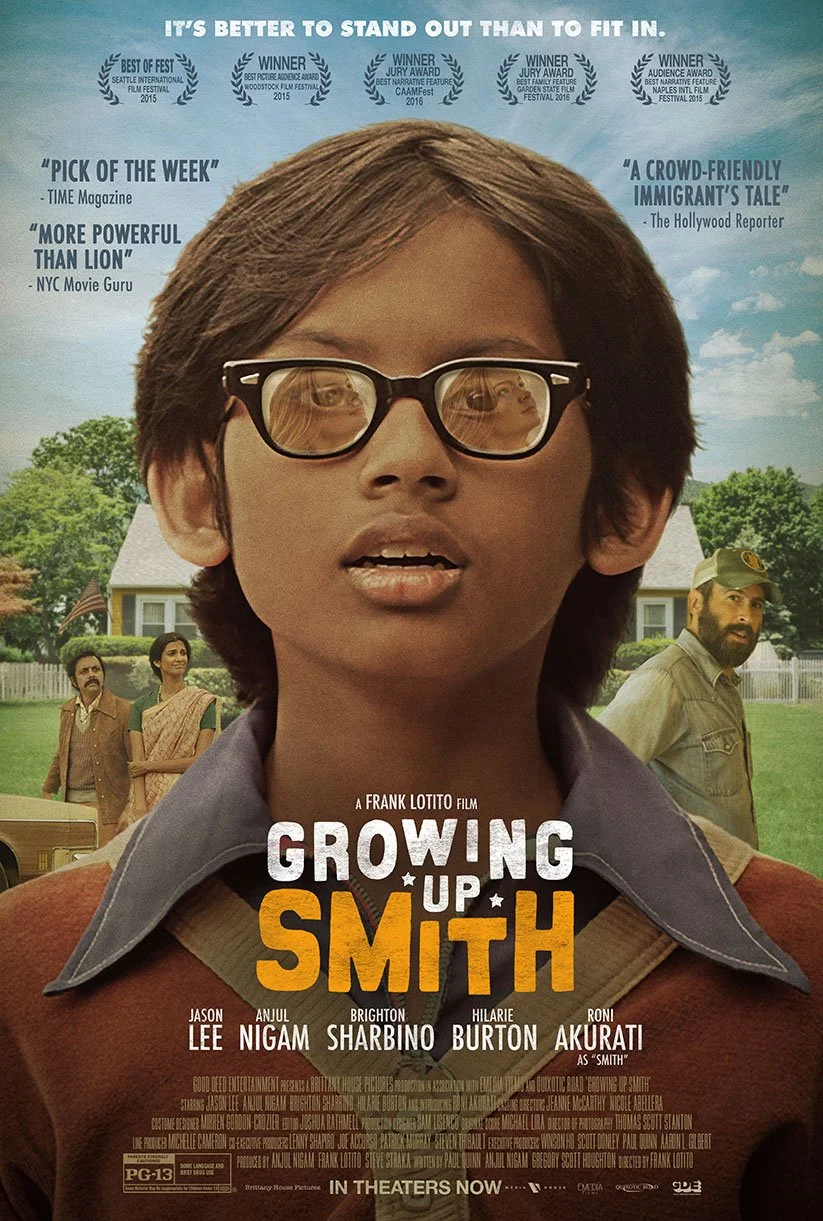 Promotional poster for the movie 'Growing Up Smith' featuring a young boy with glasses in the foreground, with four adults and a house in the background, and accolades at the top.
