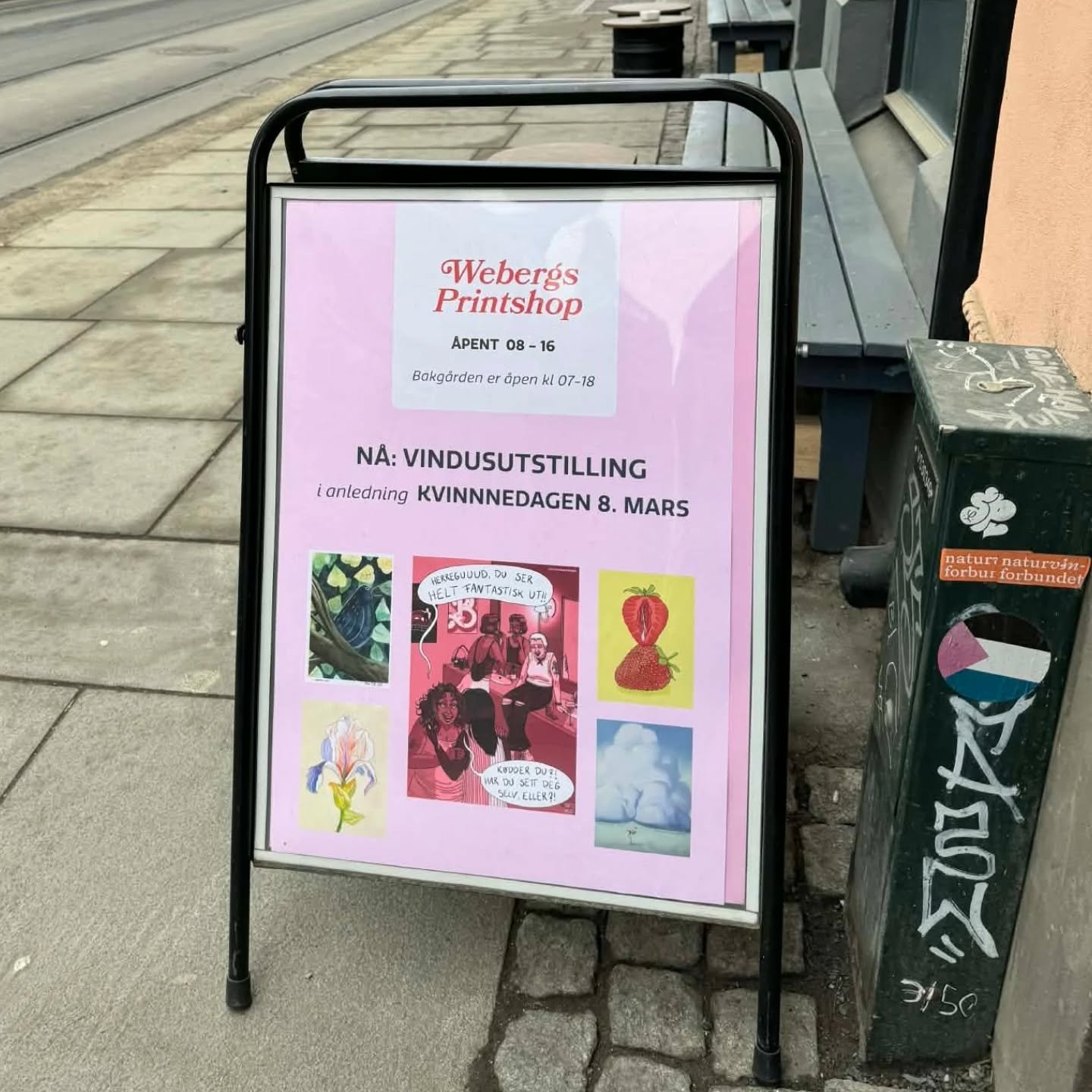 Velkommen inn! De to neste ukene henger den &aring;rlige miniutstillingen i anledning Kvinnedagen 8. mars oppe i vinduene v&aring;re her p&aring; trykkeriet 🩷 Bakg&aring;rden er &aring;pen mandag til fredag kl 07-18 for de som vil titte irl. Ha en r