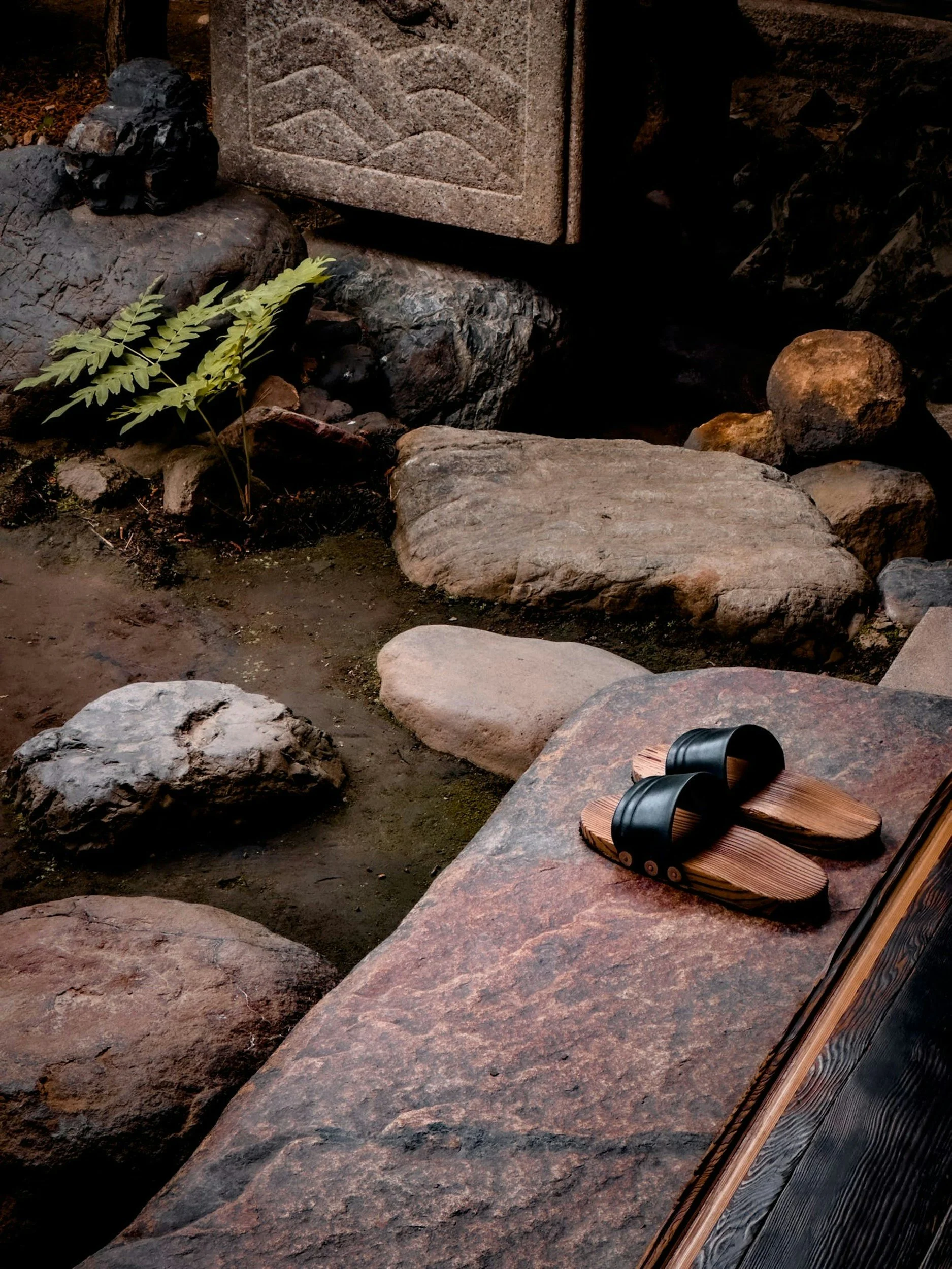 Pair of wooden sandals with black straps resting on a large stone surface outdoors, surrounded by rocks and a small plant.
