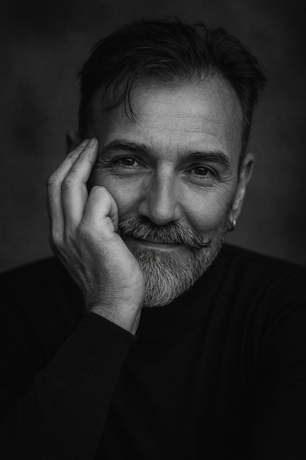 Black and white portrait of a middle-aged man with a beard and styled hair, smiling gently while resting his face on his hand.