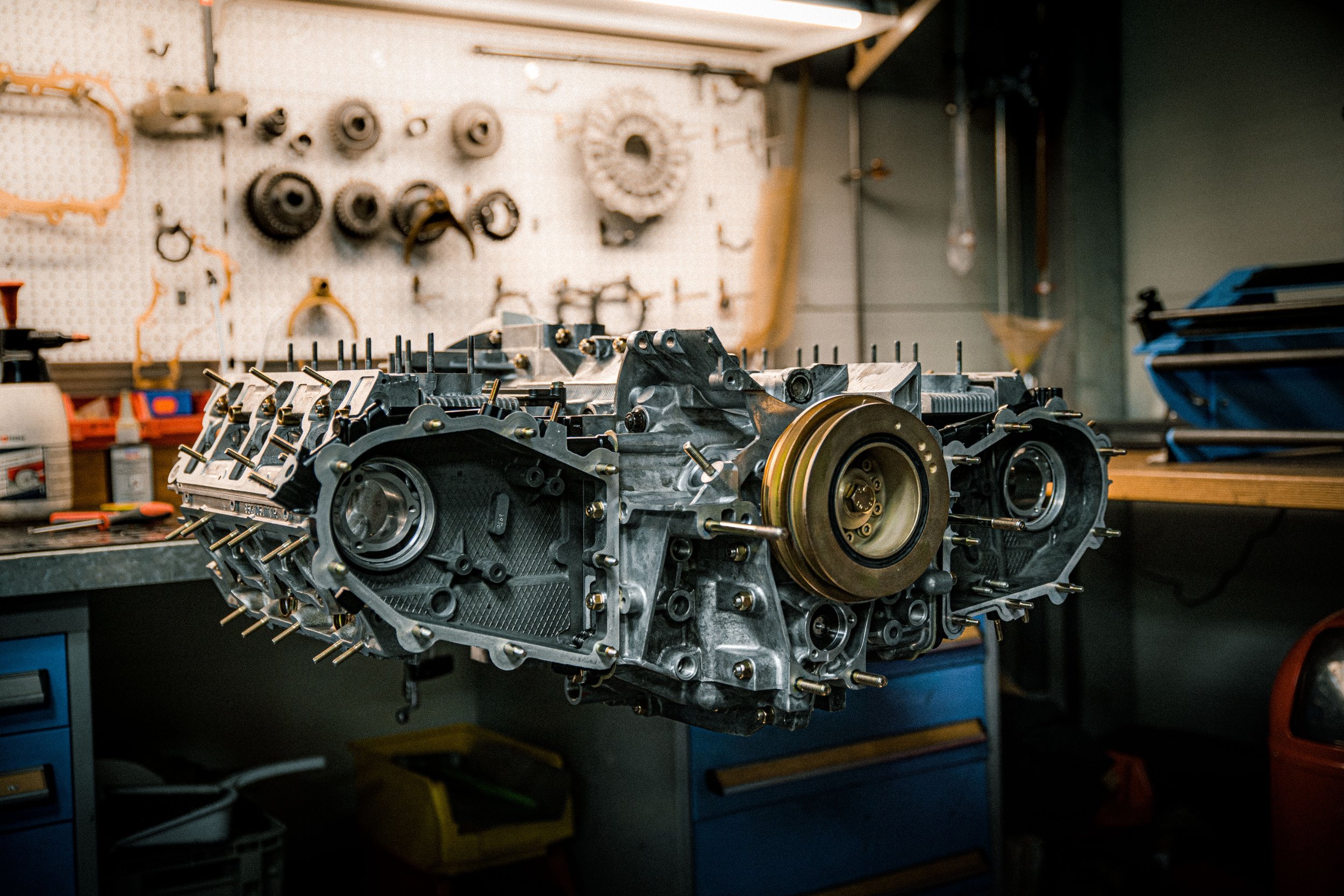Porsche 964 flat six engine mid-rebuild.