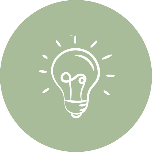 White lightbulb icon with radiating lines on a green circular background.