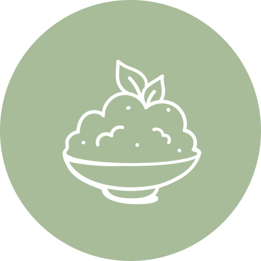 Illustration of a bowl of mashed potatoes with a leaf garnish on top, set against a light green circular background.