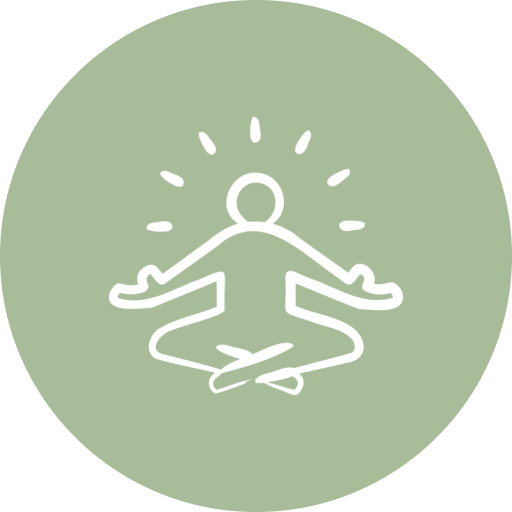 Minimalist line drawing of a person in a seated meditation pose, sitting cross-legged with hands resting on knees, surrounded by small radiating lines indicating calm or energy, on a light green background.