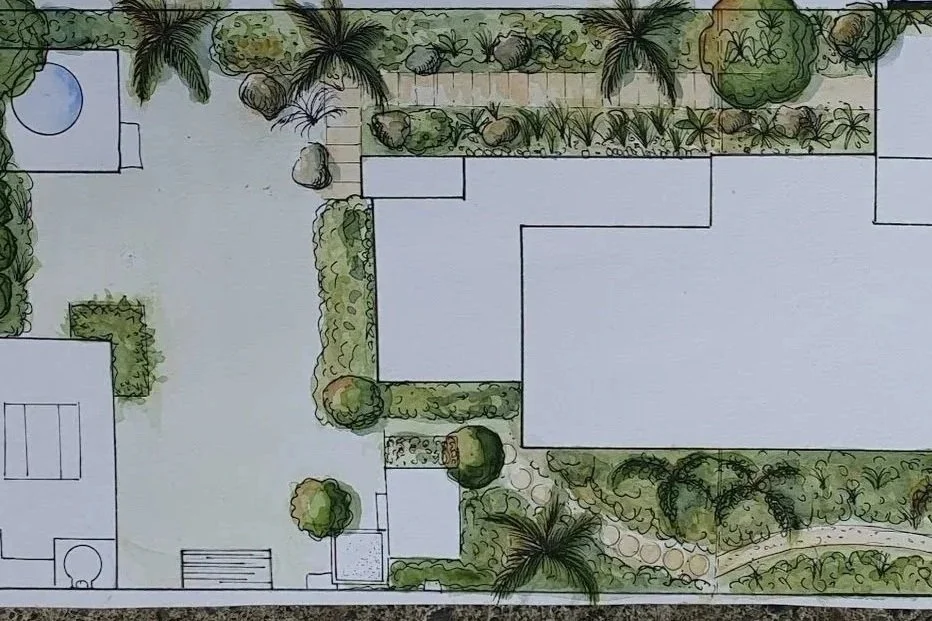 A detailed garden landscape design plan showing various plants, trees, pathways, and structures surrounding a large building.