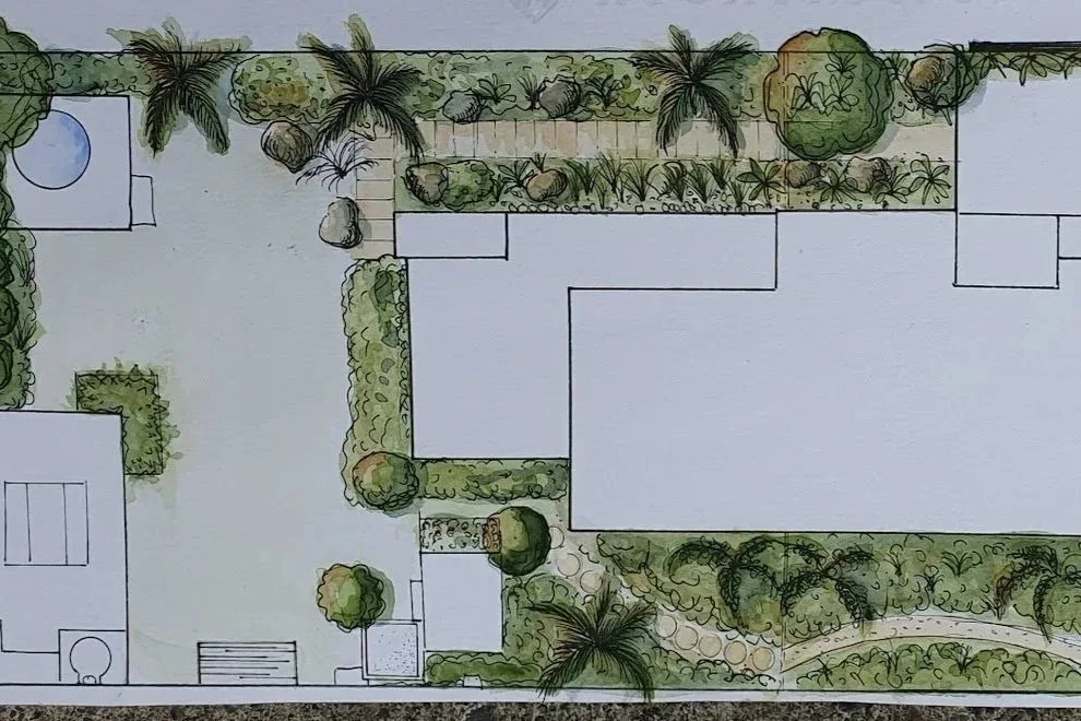 A landscape design plan showing various trees, bushes, and plant beds along with a rectangular swimming pool, patio area, pathways, and a small building or shed.