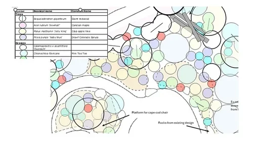 A landscape design plan with labeled plant types, a platform for a cone-shaped chair, rocks from an existing design, and paths with various plantings canterbury Landscape Design