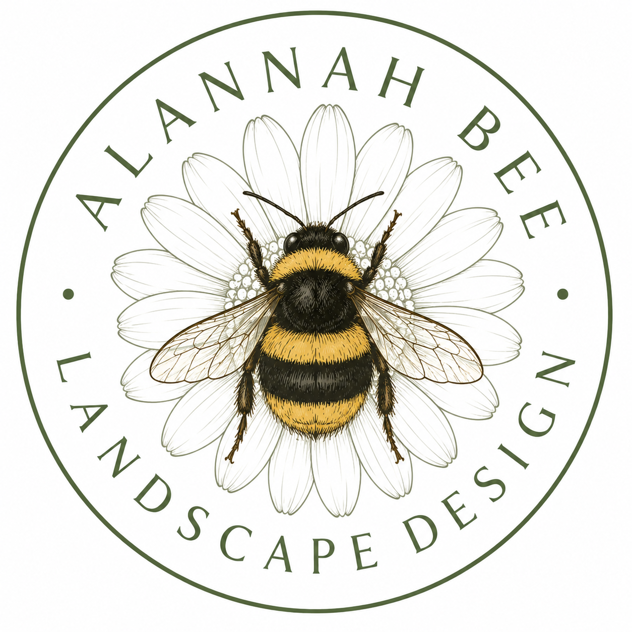 A logo for 'Alannah Bee Landscape Design' featuring a bee with yellow and black stripes on a daisy flower