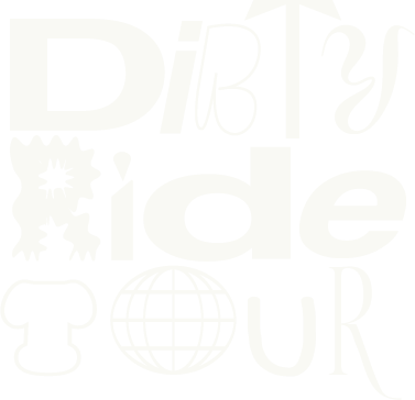 Design créatif avec le texte 'Ditsy' et 'Tour' entouré d'icônes de globes, de tasses et de fleurs stylistiques en blanc sur fond noir.