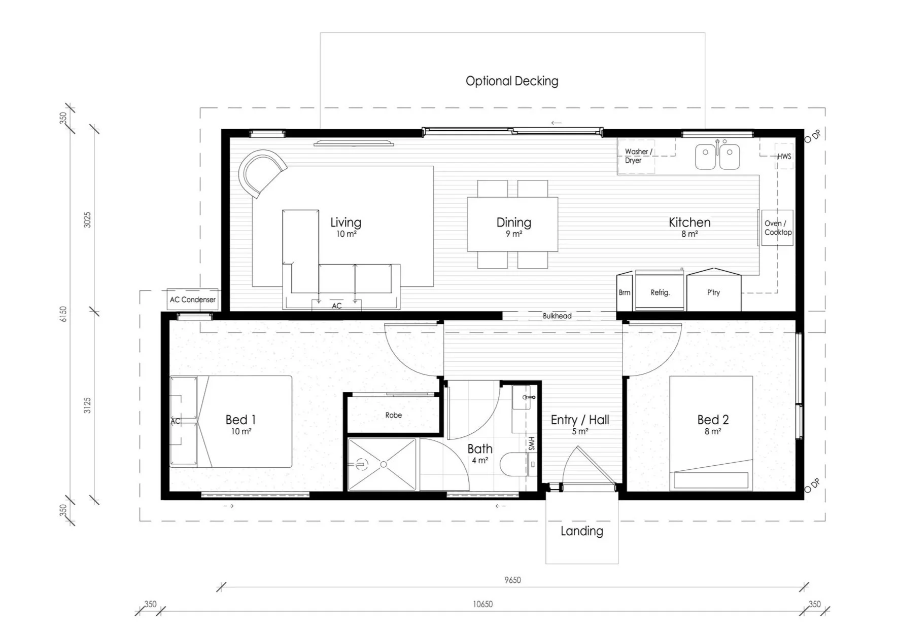 Floor plan of a house showing rooms including living room, dining room, kitchen, two bedrooms, bathroom, entry hall, and optional decking area.