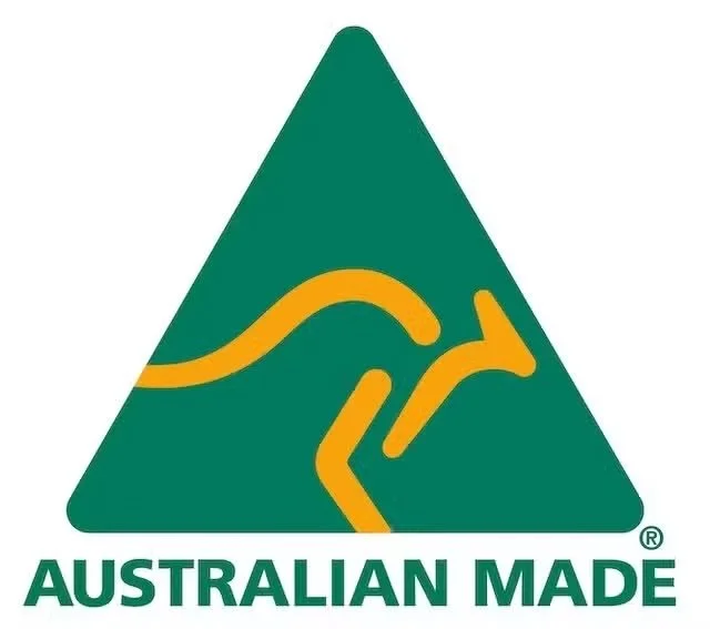 A green triangle with an orange kangaroo silhouette and the text 'AUSTRALIAN MADE' underneath.