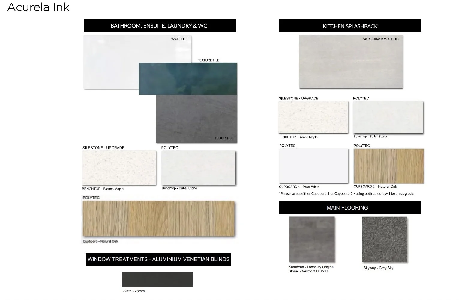 A color palette and material selection chart for bathroom, ensuite, laundry, and WC interiors, featuring various tiles, flooring, and window treatments, including wall tiles, floor tiles, splashback tiles, upgrade options, cabinets, and window blinds.