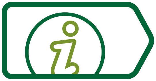 Information sign with a lowercase 'i' inside a circle, pointing to the right.