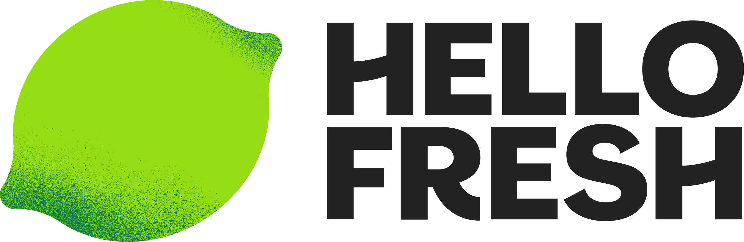 A green lime with a black splash of color near the top left and the text 'HELLO FRESH!' written in bold black letters to the right of the lime.