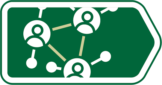 Road sign with a diagram of interconnected people icons, representing social networking or communication.