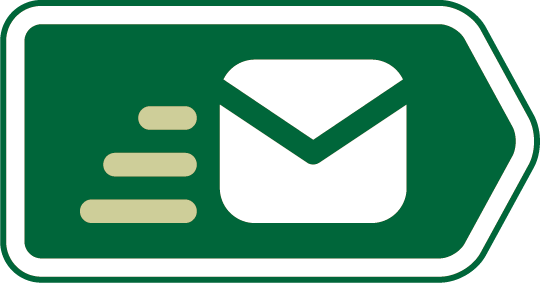 Green directional sign with an envelope icon and motion lines, indicating email or messaging.