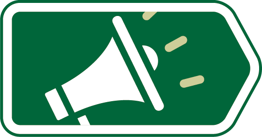 Green exit sign with a white megaphone icon and directional arrow