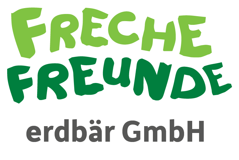 Logo with the words 'FRECHE FREUNDE' in green letters and 'erdbar GmbH' in gray letters.