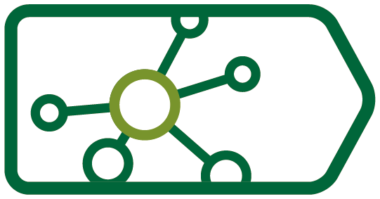 A green and white airport baggage tag with a connected circle and line design.