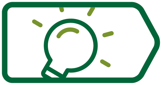 Magnifying glass icon with a glowing effect inside a green arrow-shaped sign.