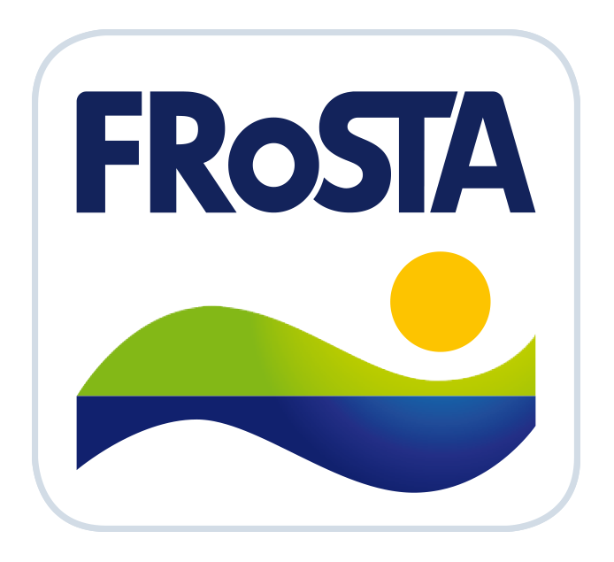 FROSTA logo with stylized green hill, yellow sun, and blue wave