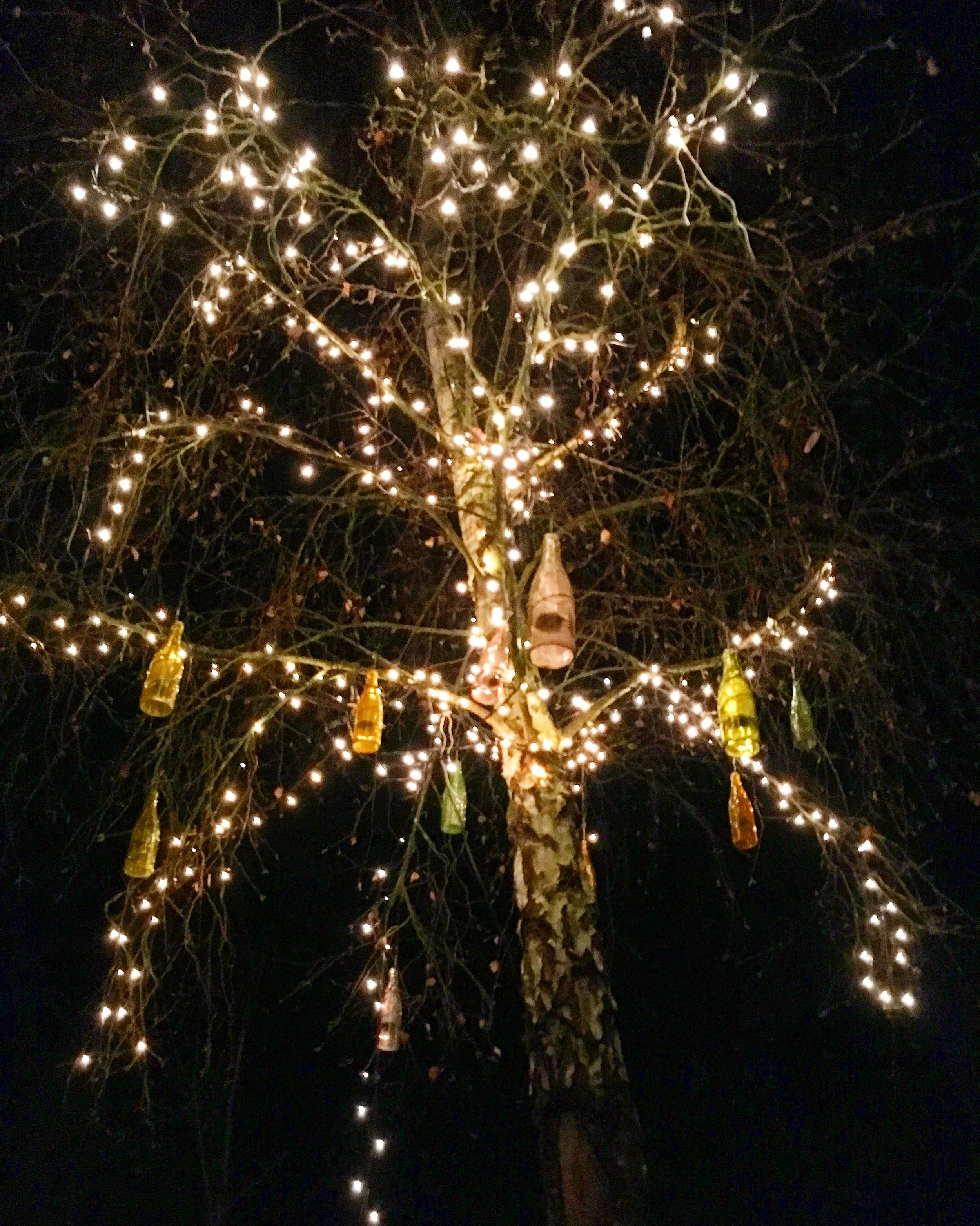 Een boom versierd met witte kerstverlichting en kleurrijke hangende decoraties.