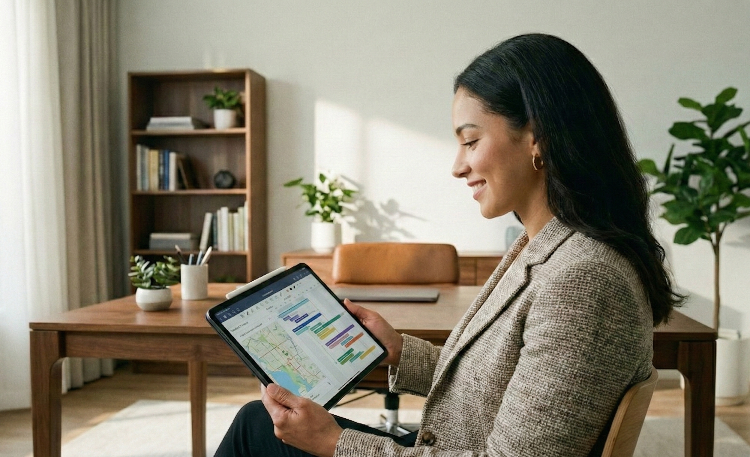 Woman in business attire sitting in a home office, looking at a tablet with a calendar and map on the screen, surrounded by houseplants and books.