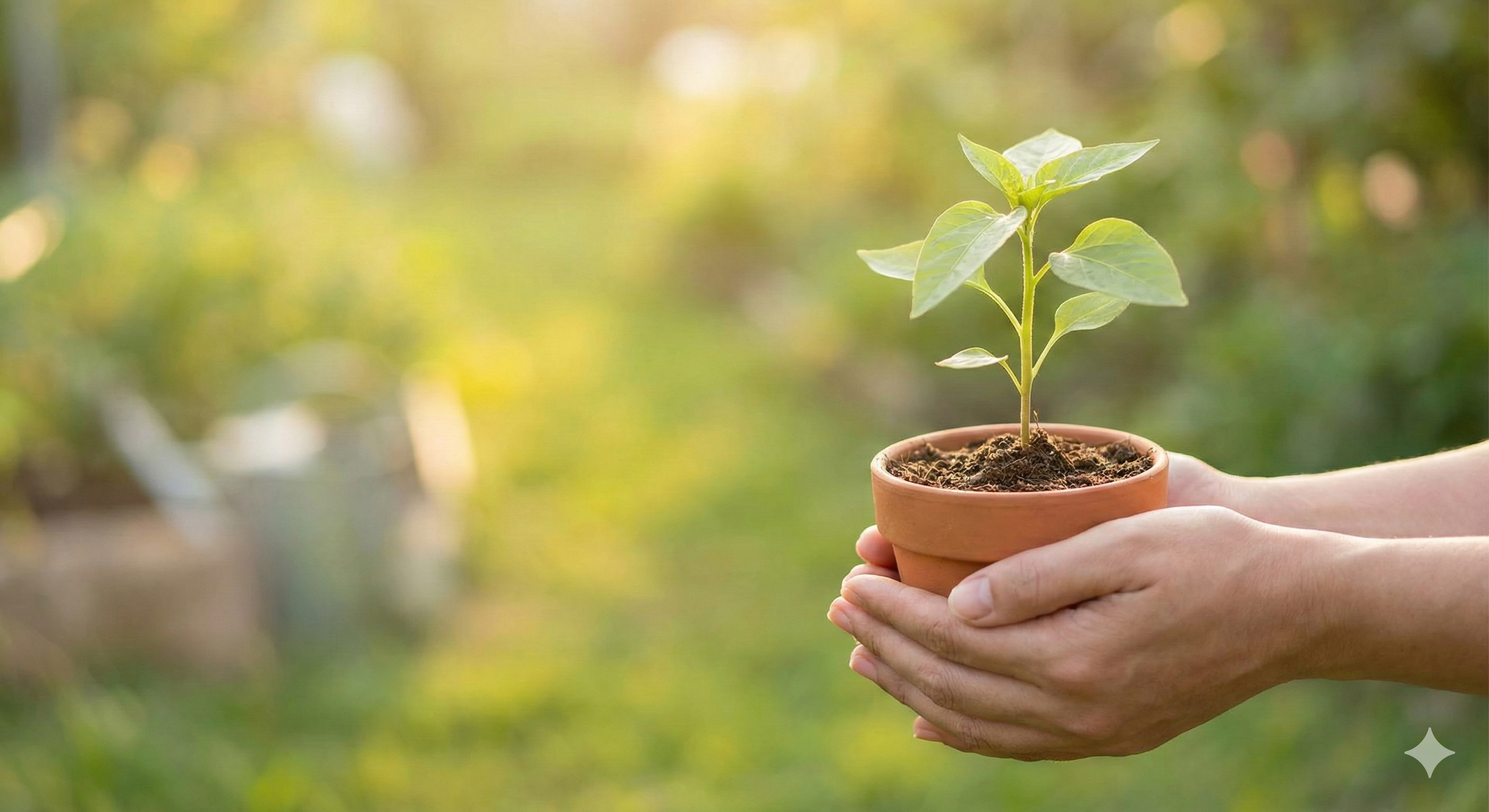 Hands holding a small clay pot with a young leafy plant, outdoors with blurred green foliage in the background.