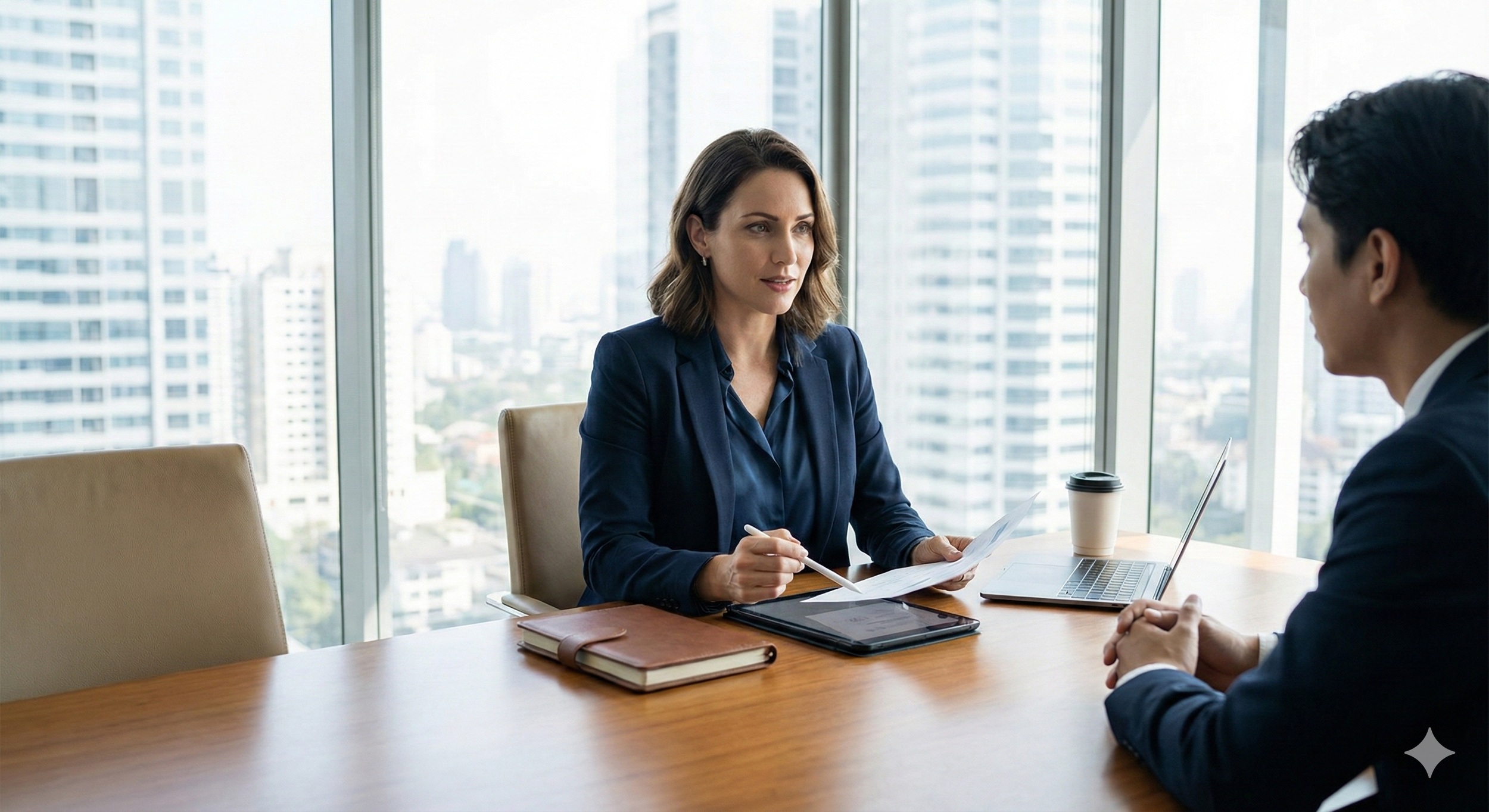 Executive assistant coaching session in a modern office with city views - RiseA Australia