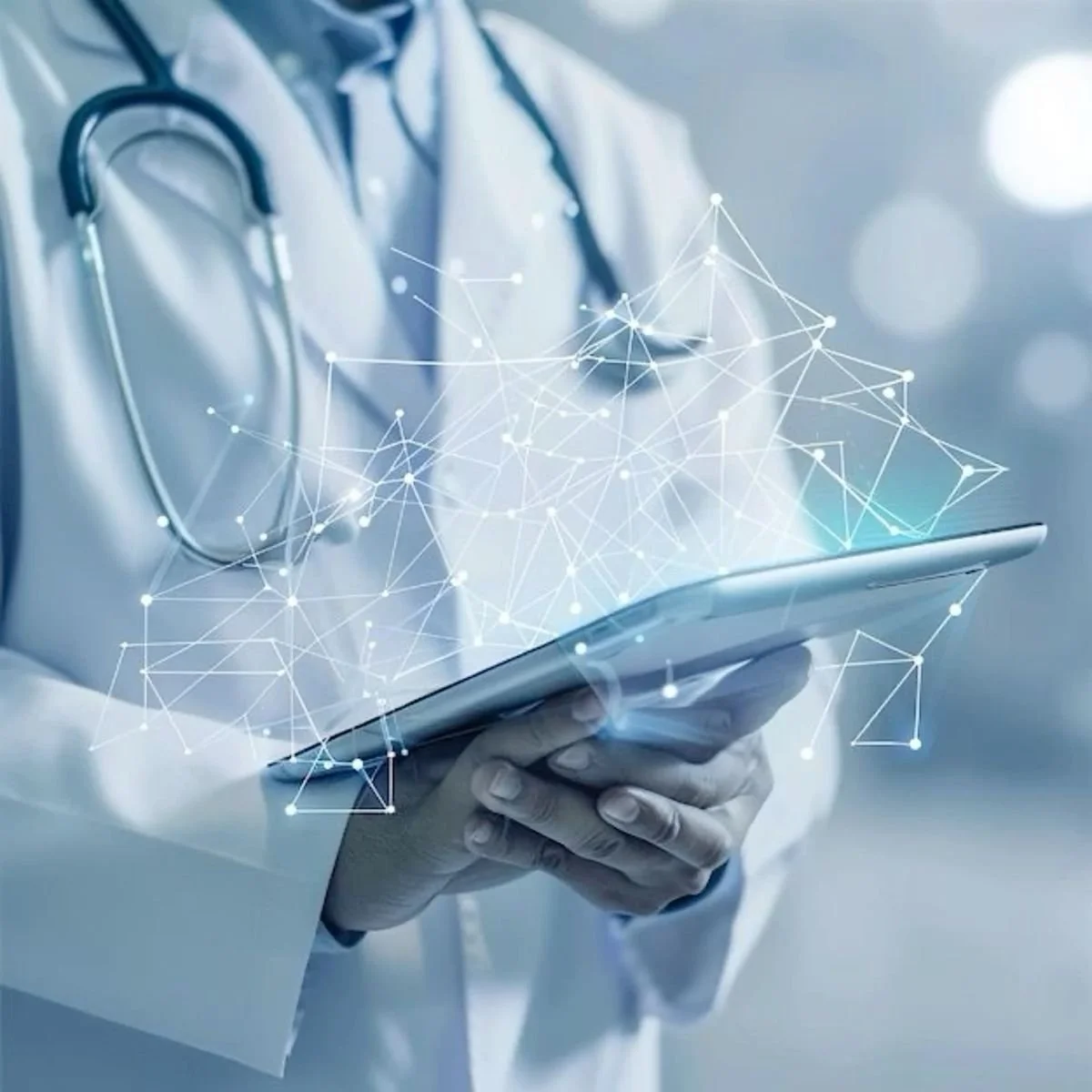 Médecin utilisant une tablette avec une illustration de réseau de connexions flottant autour.