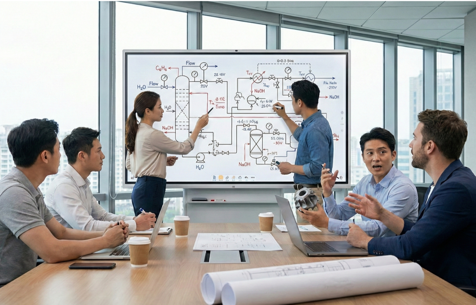 Une équipe de six consultants en réunion dans une salle moderne avec de grandes fenêtres