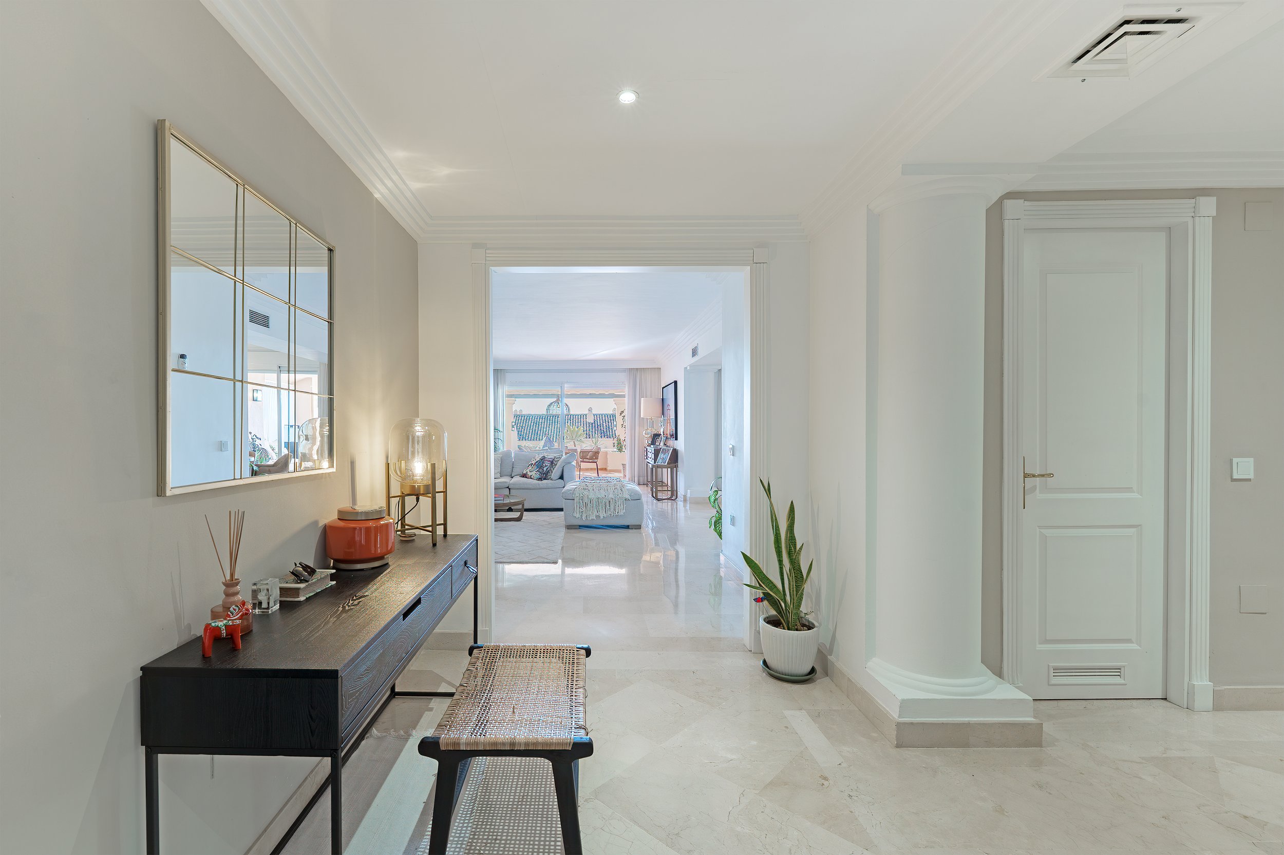 Entryway with a black console table, a mirror, and a plant, leading to a living room with a balcony.