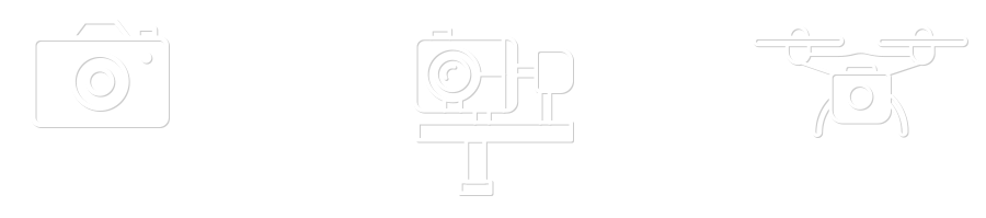 Line drawing of three different types of cameras or imaging devices on a black background.