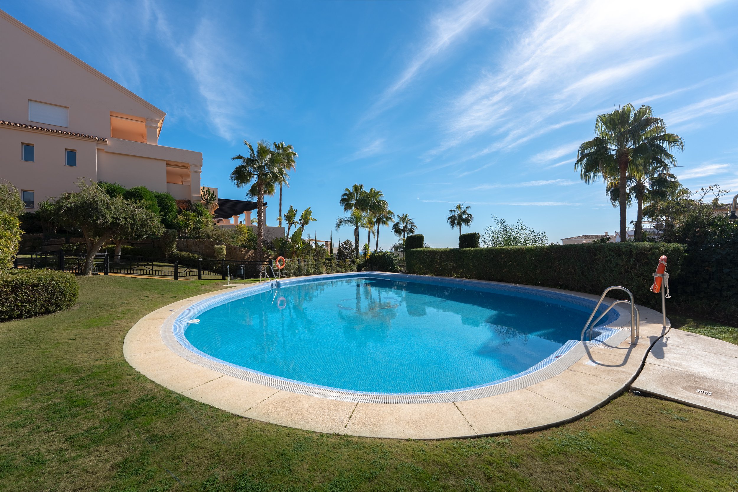 Outdoor swimming pool with clear blue water, surrounded by green grass, palm trees, and a building in the background on a sunny day with blue sky and some clouds.