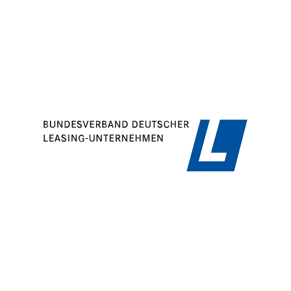 Logo des Bundesverbands Deutscher Leasing-Unternehmen mit blauen und schwarzen Designelementen und Text.