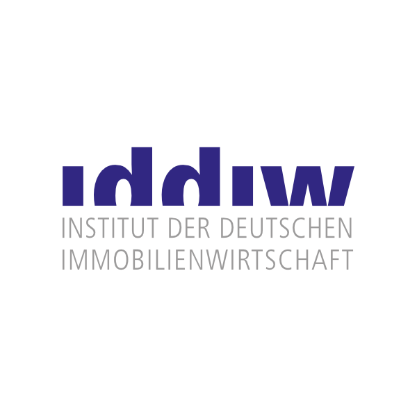 Logo des Instituts der Deutschen Immobilienwirtschaft (IDIW) mit schwarzem Hintergrund und blauer, weißer, und grauer Schrift.