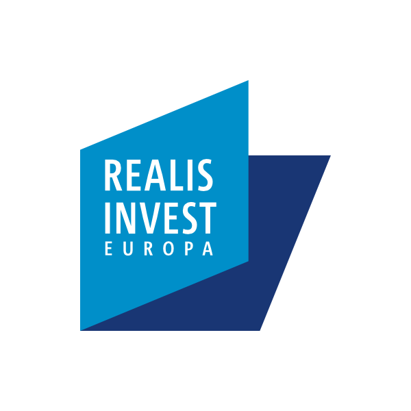 Logo mit blauen und dunklen blauen geometrischen Formen und schwarzen Hintergrund, Text 'Realis Invest Europa'