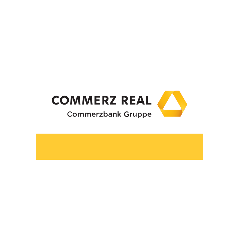 Das Bild zeigt das Logo und den Namen der Commerzbank Gruppe, mit schwarzer, weißer und gelber Farbgestaltung.