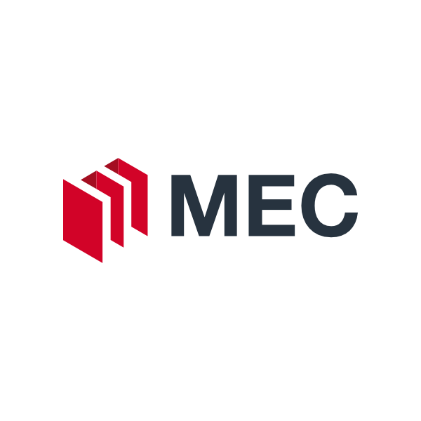 Das Logo von MEC, bestehend aus einem roten dreidimensionalen Symbol und den schwarzen Buchstaben "MEC".