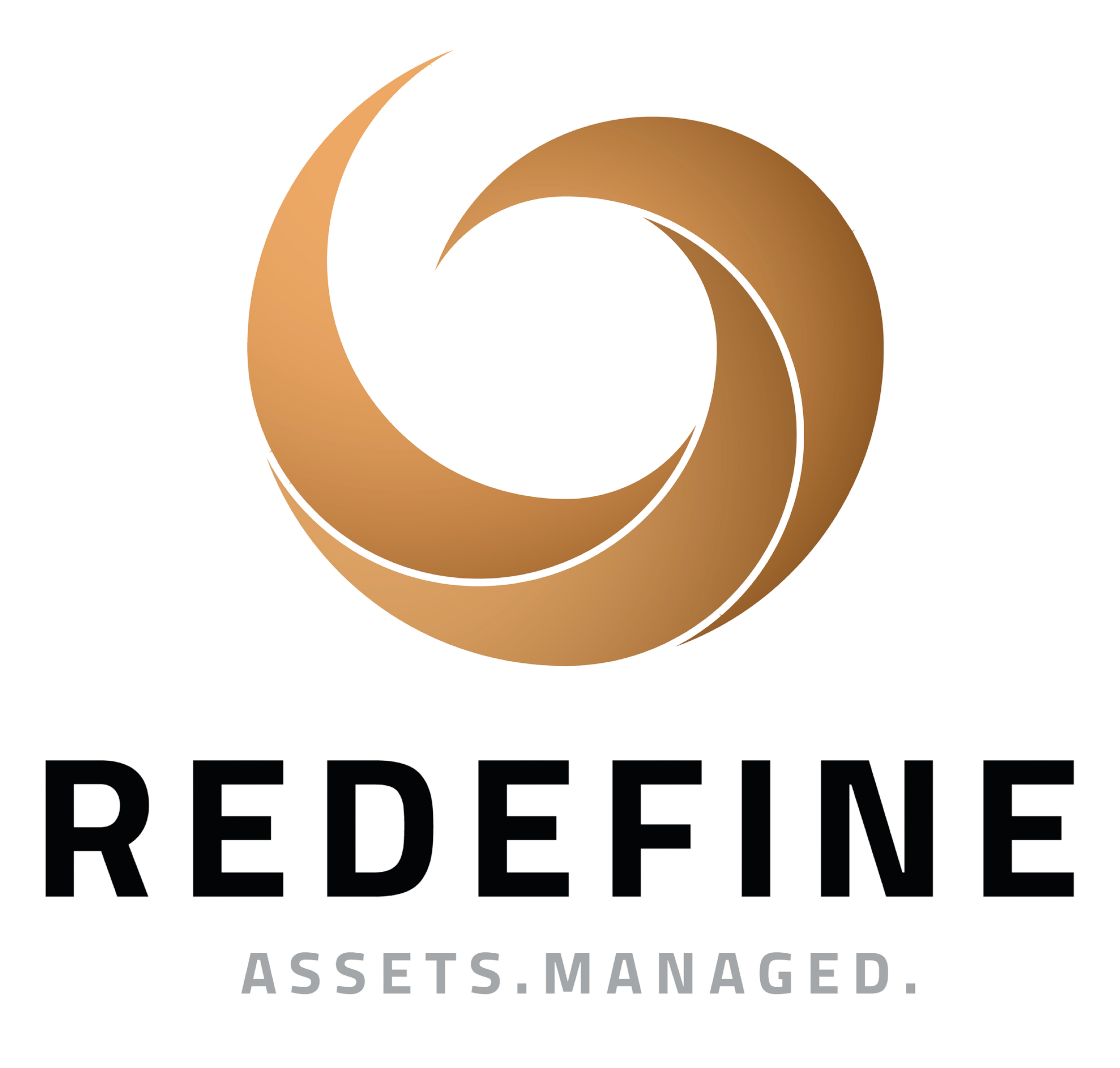 Ein Logo mit einem goldenen, spiralförmigen Symbol und den schwarzen Worten "REDEFINE" oben sowie "ASSETS MANAGED" unten.
